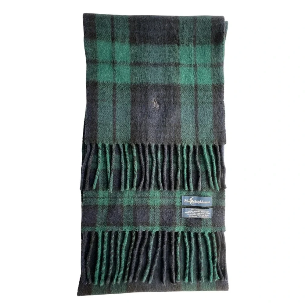Polo Ralph Lauren Scarf Plaid Lambswool Blend Blue Green Black Tartan Classic